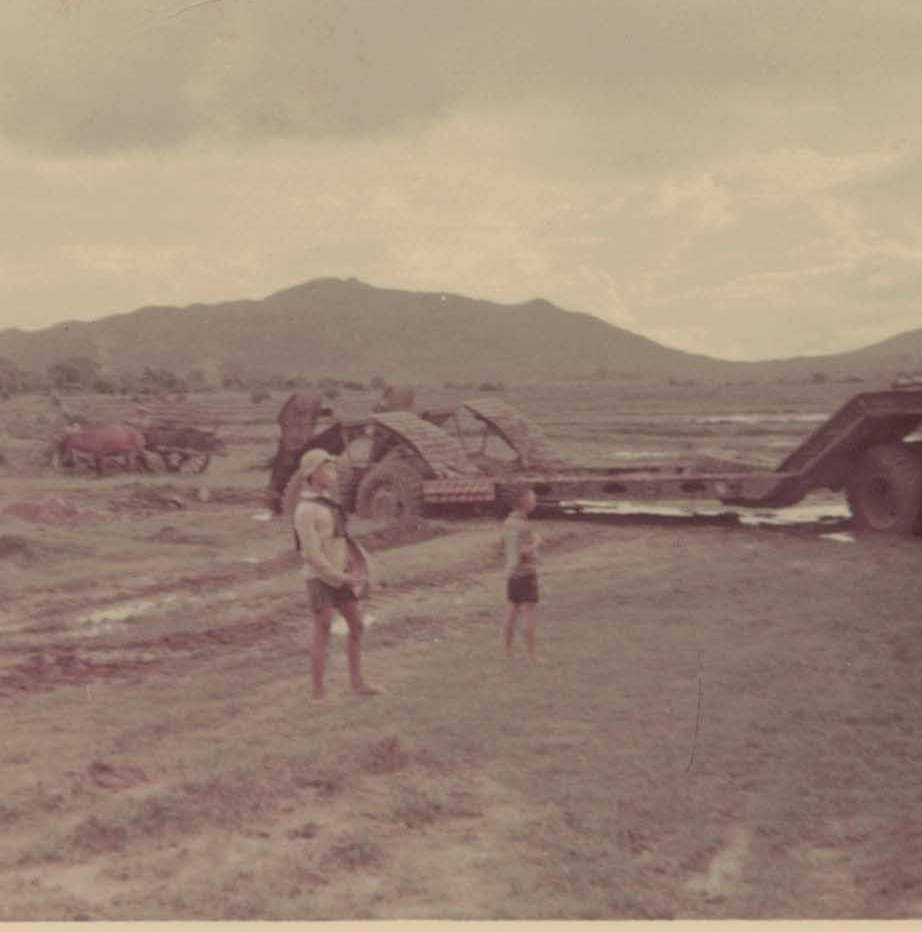 A very bogged 40 ton low loader at Phu My 1969.  This vehicle would transport our heavy plant (D8 dozers) to wherever they were needed.  It is a 1 FD SQN vehicle.